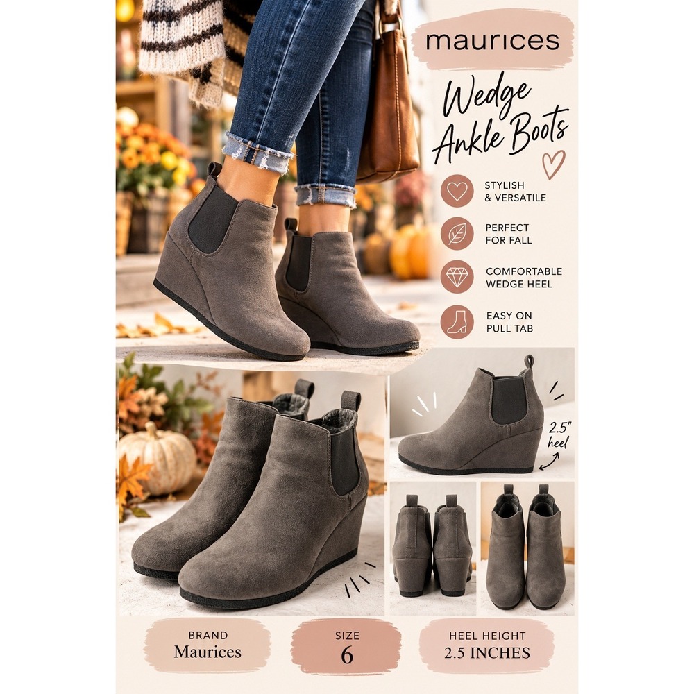 Maurices Gray Faux Suede Wedge Ankle Booties Chelsea Pull On Boots Womens Size 6